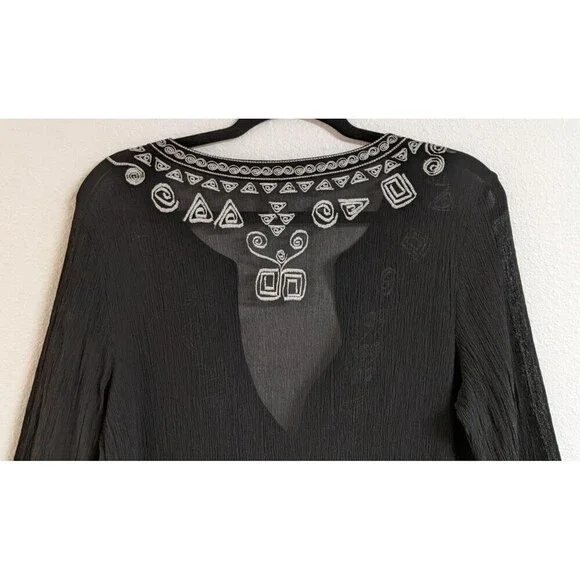 CHICO'S Women's Black Silk Embroidered Deep-V Cover-Up Beach Cruise 10/12 - Picture 8 of 11